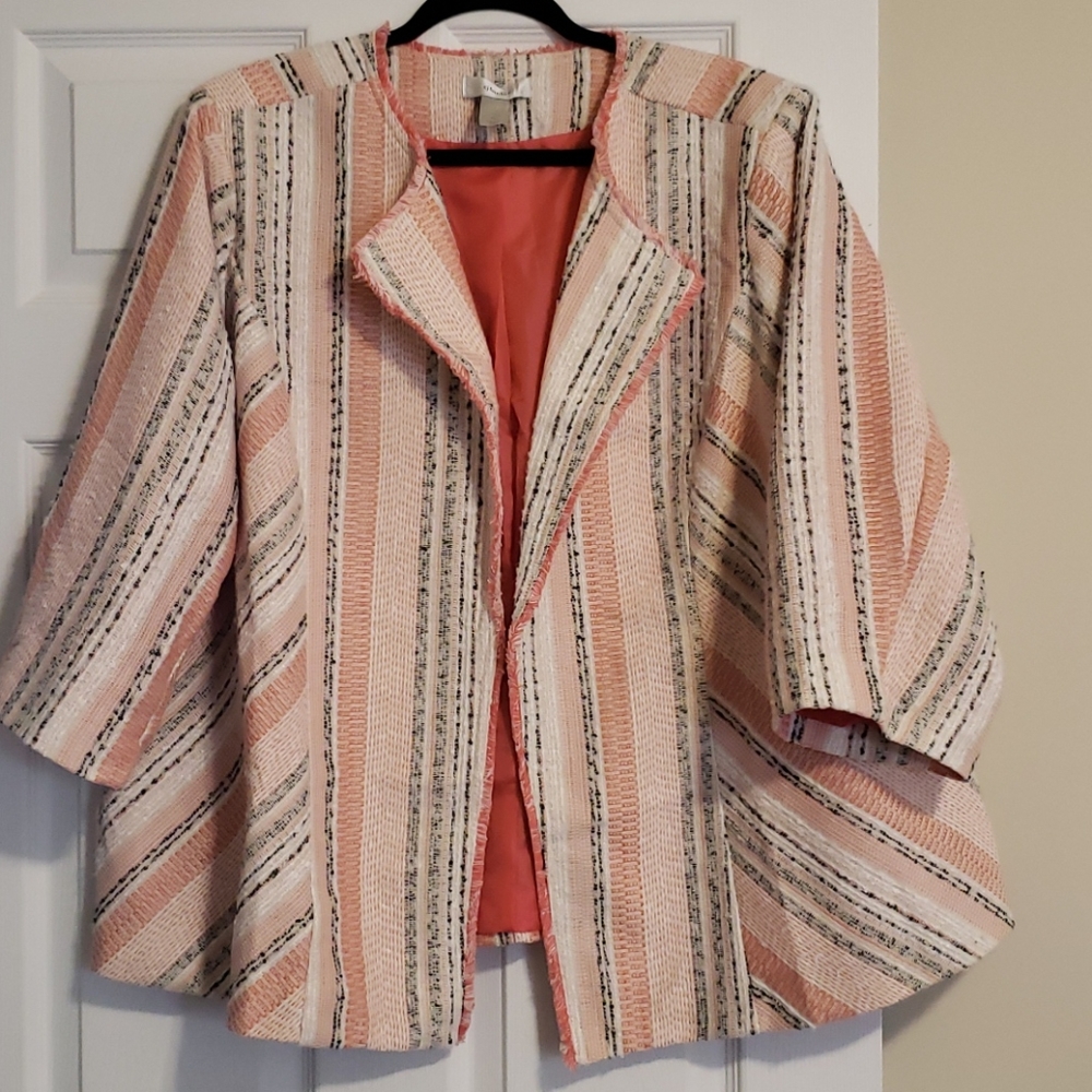 CJ Banks Pink and Cream Striped Tweed Open Blazer